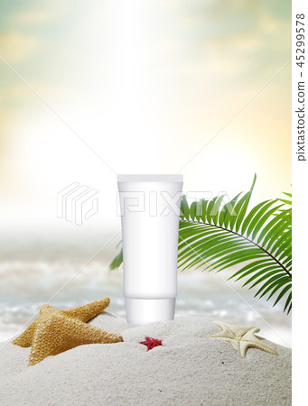 Cosmetic objects, summer cosmetics, sun block and ultraviolet rays Cosmetic objects, summer cosmetics, sun block and ultraviolet rays 45299578