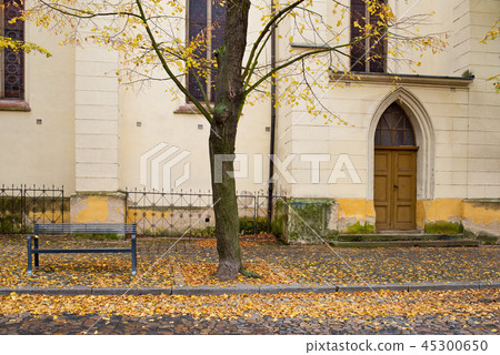 Side door of Gothic church in Zatec town. Autumn. 45300650