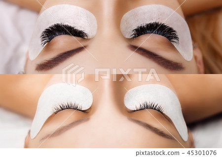 Eyelash Extension. Comparison of female eyes before and after. Hollywood, russian volume 45301076