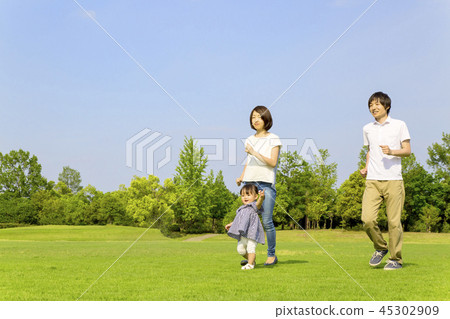 Happy young couple playing with their little daughter in the park on green grass. Affection, happiness, parent and child, family image 45302909
