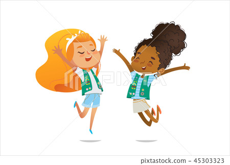 Young smiling girls scout dressed in uniform with badges and patches happily jump isolated on white Young smiling girls scout dressed in uniform with badges and patches happily jump isolated on white 45303323