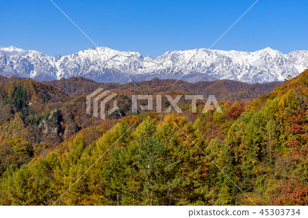 Shinshu風景北阿爾卑斯山在秋天和新鮮的雪Ogawa-mura，長野縣 45303734