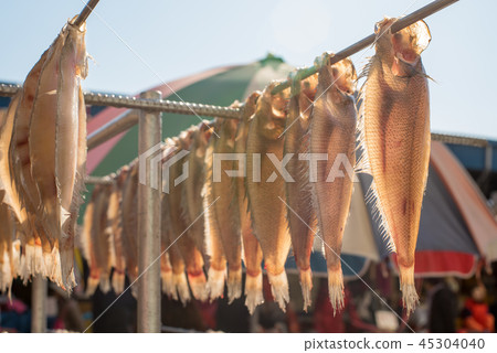 The fish is drying on the hanger under warm sunshine. The fish is drying on the hanger under warm sunshine. 45304040