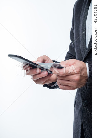 nfc mobile payment man hold credit card phone 45304581