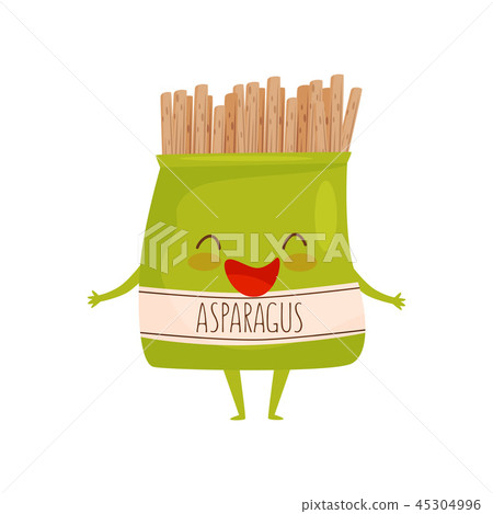 Humanized soy asparagus packaging. Healthy food. Cartoon character with happy face. Vegetarian Humanized soy asparagus packaging. Healthy food. Cartoon character with happy face. Vegetarian 45304996