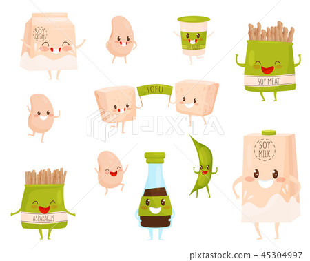 Flat vector set of soy products characters with cute faces. Milk and cream, cup of yogurt, soybeans 45304997