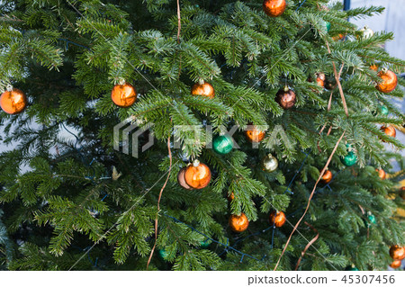 Beautiful colourful decorated christmas tree. Holiday background 45307456