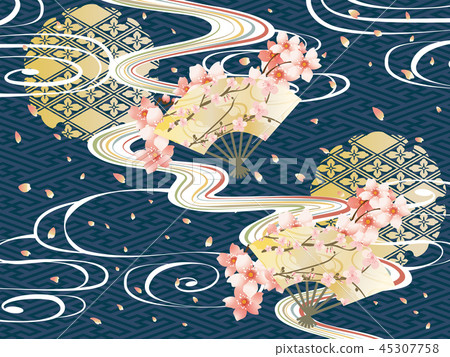 Japanese pattern and waves and background material of cherry blossoms Japanese pattern and waves and background material of cherry blossoms 45307758