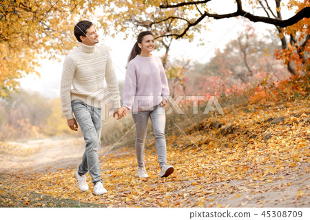 Couple in love in the autumn leaves Couple in love in the autumn leaves 45308709