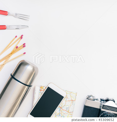 Concept flat lay outdoors tourism weekend Concept flat lay outdoors tourism weekend 45309652