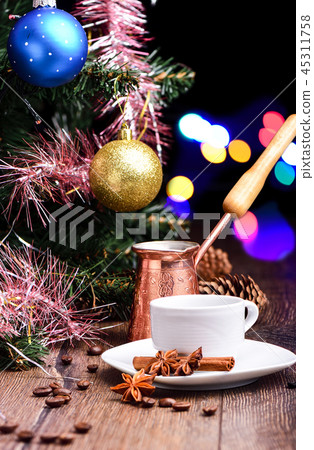 Coffee cup, jezve, under the Christmas tree 45311758
