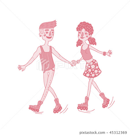 happy young couple roller skating together 45312369
