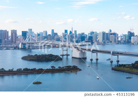 (Tokyo-cityscape) Rainbow Bridge and Gulf View 4 as seen from the observation deck (Tokyo-cityscape) Rainbow Bridge and Gulf View 4 as seen from the observation deck 45313196