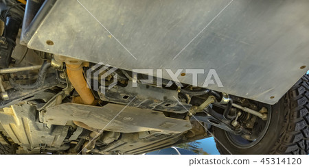 Close up shot of under chassis and wheels of car Close up shot of under chassis and wheels of car 45314120