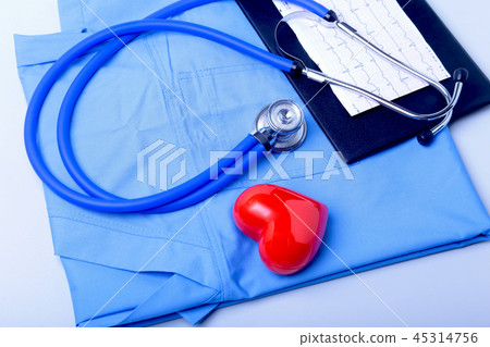 Medical stethoscope, patient medical history list, RX prescription, red heart and blue doctor 45314756