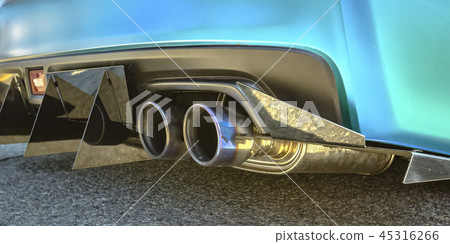 Blue car with dual exhaust pipe and tail spikes 45316266