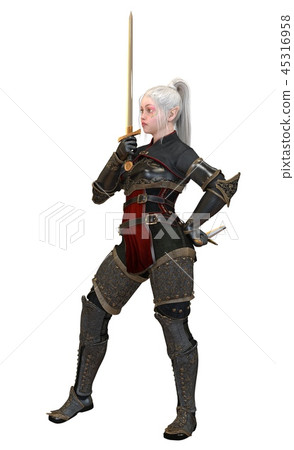 Woman elf warrior with swords isolated on white background 3D illustration Woman elf warrior with swords isolated on white background 3D illustration 45316958