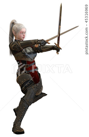 Woman elf warrior with swords isolated on white background 3D illustration Woman elf warrior with swords isolated on white background 3D illustration 45316969