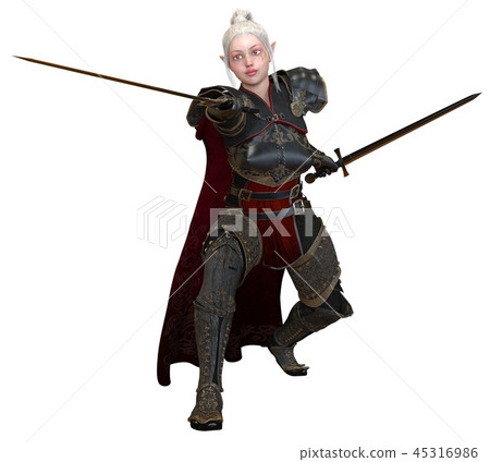 Woman elf warrior with swords isolated on white background 3D illustration Woman elf warrior with swords isolated on white background 3D illustration 45316986