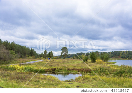A small group of tourists is walking along aroad. 45318437