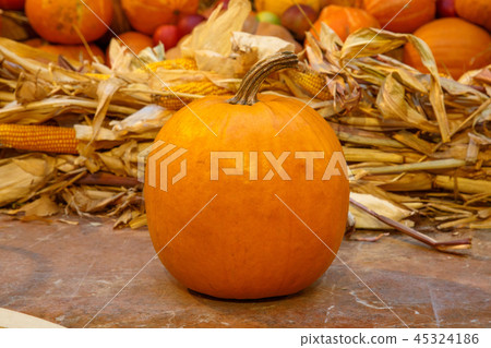 Orange pumpkins on display at the farmers market. Harvesting and Thanksgiving concept 45324186