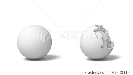 3d rendering of two isolated white round balls standing near each other, one whole and another half 45330314