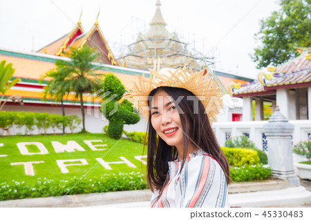 Asian tourist women with backpack travel in temple Asian tourist women with backpack travel in temple 45330483