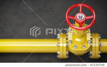 Gas pipeline valve on a wall. Space for text.  45330799