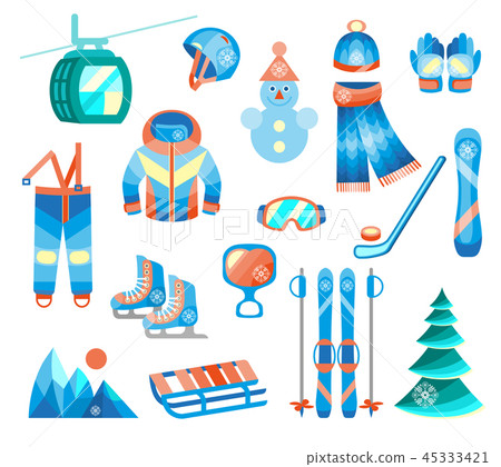 Winter sports and fun color flat icons set Winter sports and fun color flat icons set 45333421