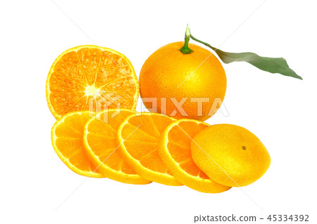 Isolated tangerines. Two mandarin orange fruits and peeled segments isolated on white background. 45334392