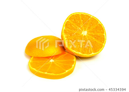 Isolated tangerines. Two mandarin orange fruits and peeled segments isolated on white background. 45334394