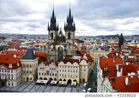 Old Town Square overlooking the Old Town Hall, Tyn Church and Prague Old Town Square overlooking the Old Town Hall, Tyn Church and Prague 45339028