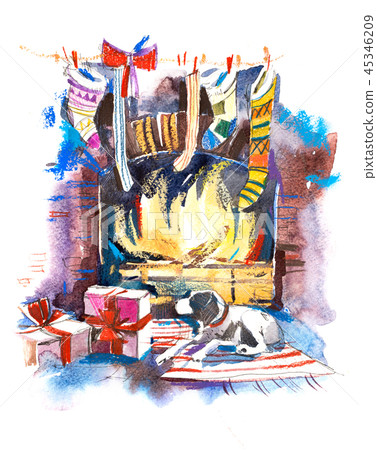 Decorated burning fireplace. Christmas, New Year background. 45346209