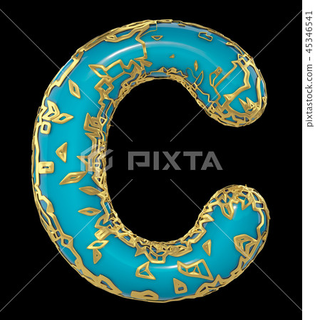 Golden shining metallic 3D with blue paint symbol capital letter C - uppercase isolated on black. 3d 45346541