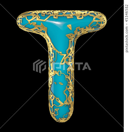 Golden shining metallic 3D with blue paint symbol capital letter T - uppercase isolated on black. 3d 45346582