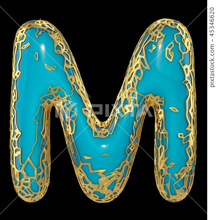 Golden shining metallic 3D with blue paint symbol capital letter M - uppercase isolated on black. 3d Golden shining metallic 3D with blue paint symbol capital letter M - uppercase isolated on black. 3d 45346620