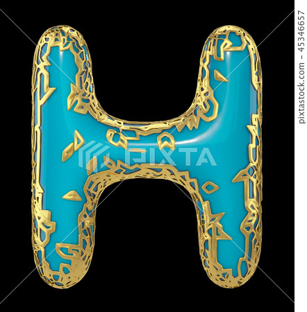 Golden shining metallic 3D with blue paint symbol capital letter H - uppercase isolated on black. 3d 45346657