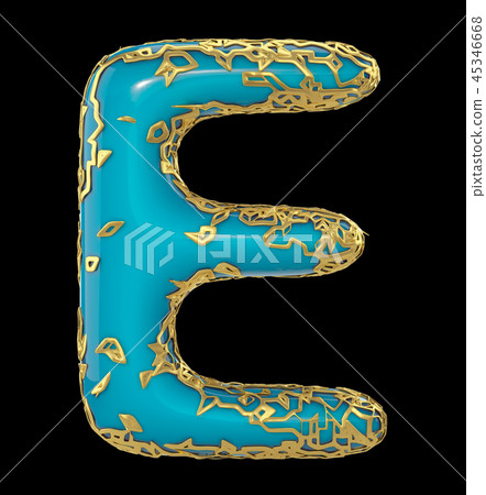 Golden shining metallic 3D with blue paint symbol capital letter E - uppercase isolated on black. 3d 45346668