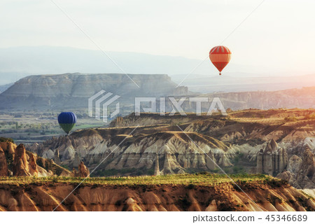 Balloon foggy morning in Cappadocia. TURKEY blurred images Balloon foggy morning in Cappadocia. TURKEY blurred images 45346689