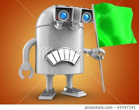 3d  illustration robot with green flag 45347141