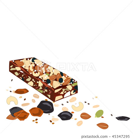 Superfood breakfast bar with oats and dried fruits, above view on white background Superfood breakfast bar with oats and dried fruits, above view on white background 45347295