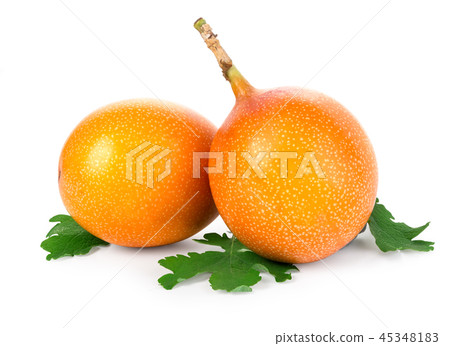 Grenadilla oval fruit with a green leaf sisolated Grenadilla oval fruit with a green leaf sisolated 45348183