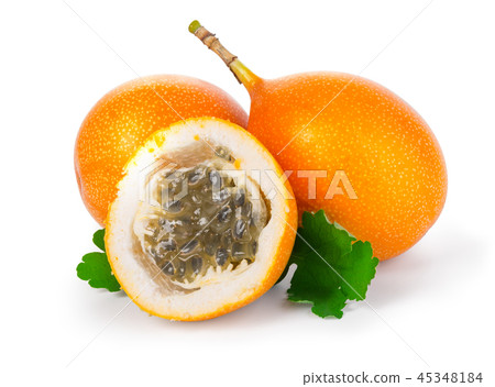 Grenadilla oval fruit with a green leaf Grenadilla oval fruit with a green leaf 45348184