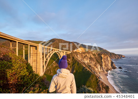 Woman tourist near Bixby Creek Bridge in California 45348401