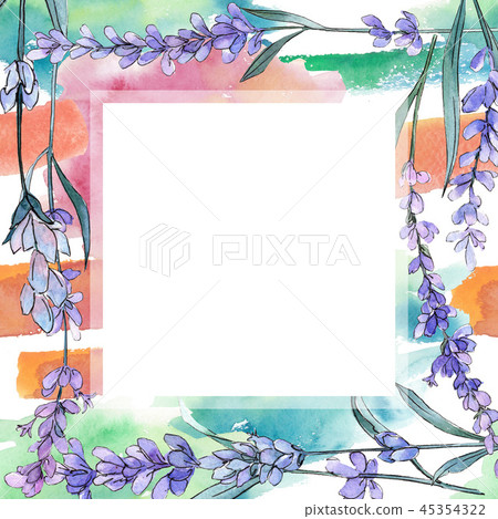 Purple lavender. Floral botanical flower. Wild spring leaf wildflower. Frame border ornament square. 45354322