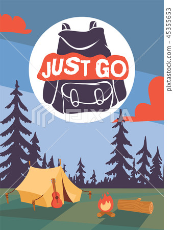 Camping time poster vector ilustration. Night landscape with tent, campfire guitar and forest 45355653