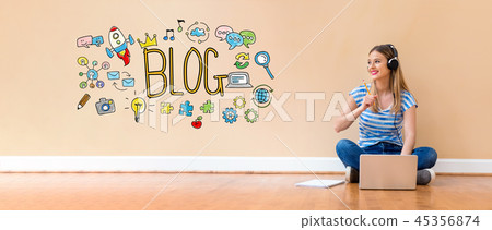 Blog with woman using a laptop computer Blog with woman using a laptop computer 45356874