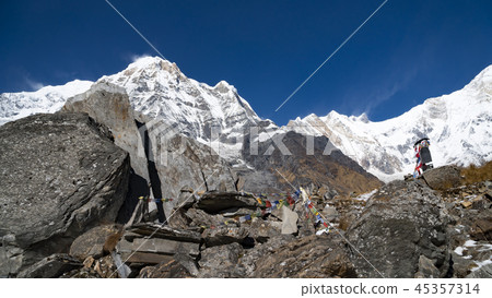 Himalayas mountain landscape in the Annapurna region. Annapurna peak in the Himalaya range, Nepal 45357314
