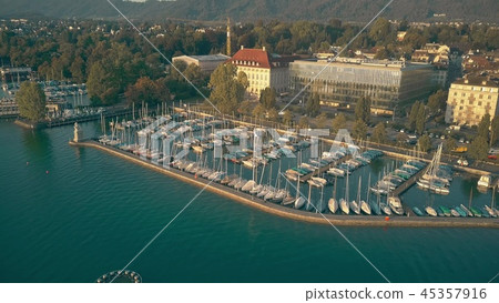 Aerial view of Zurichsee or lake Zurich marina full of moored sailboats 45357916