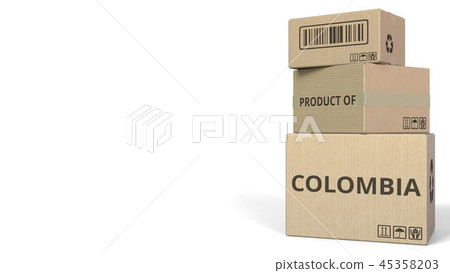 PRODUCT OF COLOMBIA text on cartons, blank space for caption. 3D rendering 45358203